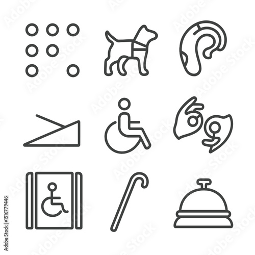 Disability Support Icons. Outline icon set of disability support services: Braille dots, guide dog, hearing aid, ramp,