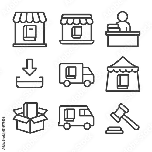 Distribution Channels Icons. Outline icon set of distribution channels: bookstore storefront, online store icon, library desk,