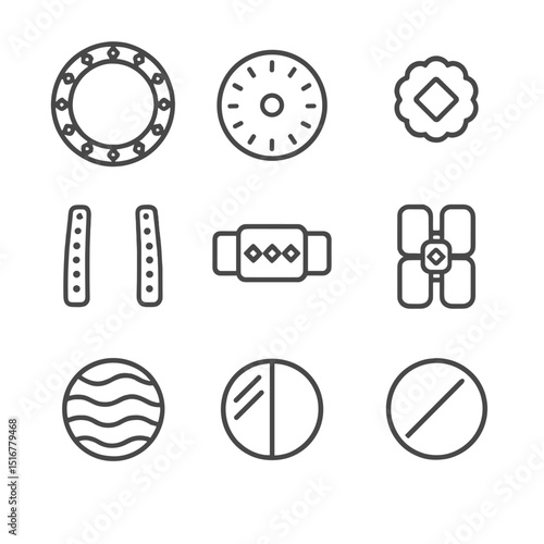 Diamond Watch Icon Set. Outline icon set of diamond watch embellishments: bezel diamonds, dial markers, diamond crown, pavé lugs,