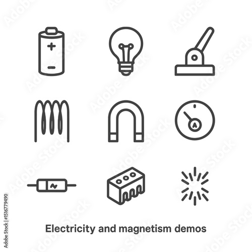 Electricity Icon Set. Outline icon set of electricity and magnetism demos: battery cell, light bulb, switch lever, copper coil,