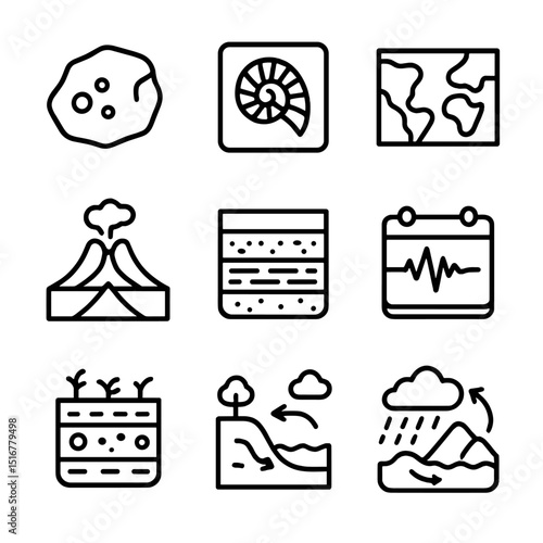 Earth Science Icons. Outline icon set of earth science demonstrations: rock sample, fossil imprint, tectonic plates map, volcano
