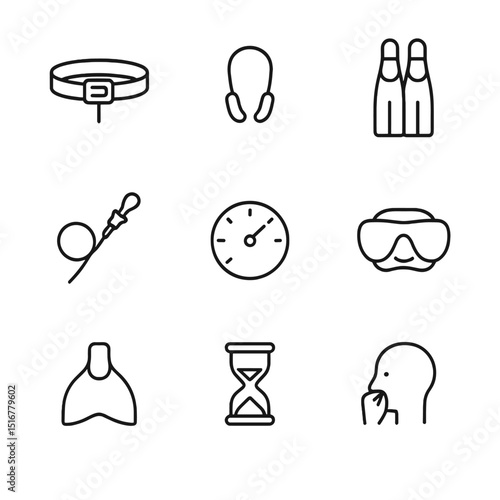 Freediving Gear Icons. Outline icon set of freediving and breath-hold: weight belt, nose clip, freedive fins, lanyard, depth gauge
