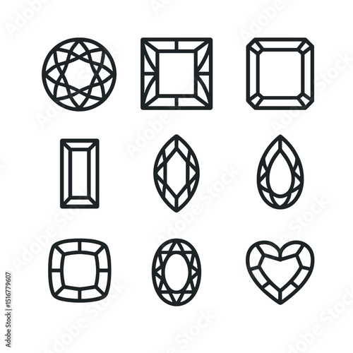 Gemstone Cut Icons. Outline icon set of gemstone cuts: round brilliant, princess cut, emerald cut, baguette, marquise, pear-shaped