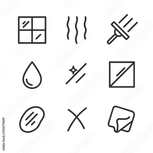 Glass Effect Icon Set. Outline icon set of glass streak effects: window pane, rain streak, cleaning squeegee, water droplet,
