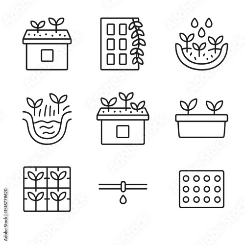 Green Infrastructure Icons. Outline icon set of green infrastructure solutions: green roof, vegetated façade, rain garden,