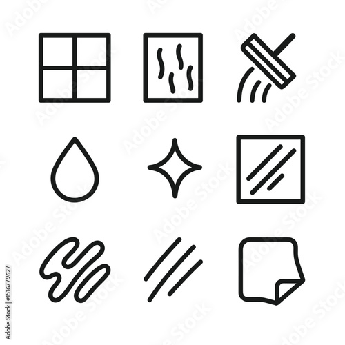 Glass Effect Icon Set. Outline icon set of glass streak effects: window pane, rain streak, cleaning squeegee, water droplet,