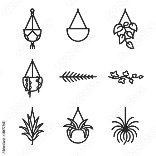 Hanging Planter Icon Set. Outline icon set of hanging planter dividers: macramé hanger, ceramic pot, trailing pothos, string of