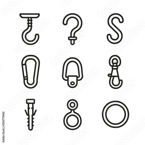 Hanging Hardware Icons. Outline icon set of hanging hardware: ceiling hook, cup hook, S-hook, carabiner, D-ring, swivel hook, wall