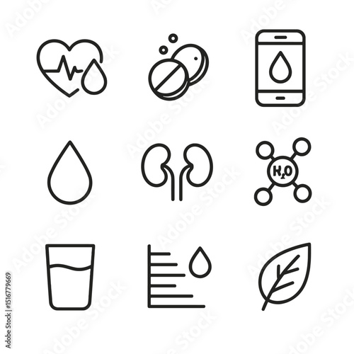 Hydration Health Icons. Outline icon set of hydration and health: heart pulse water droplet, electrolyte tablet, water reminder