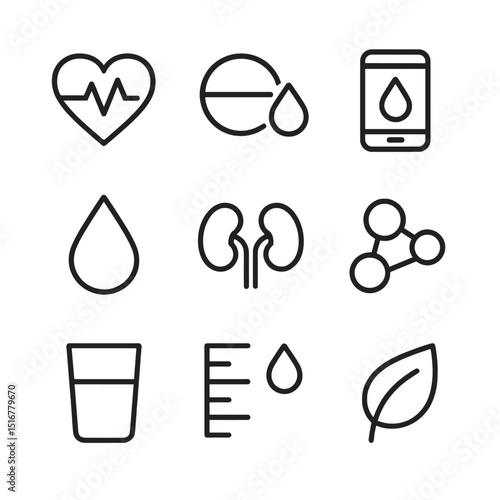 Hydration Health Icons. Outline icon set of hydration and health: heart pulse water droplet, electrolyte tablet, water reminder