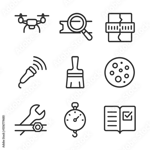Inspection Icons Grid. Outline icon set of inspection and maintenance: inspection drone, magnifying glass over beam, crack monitor