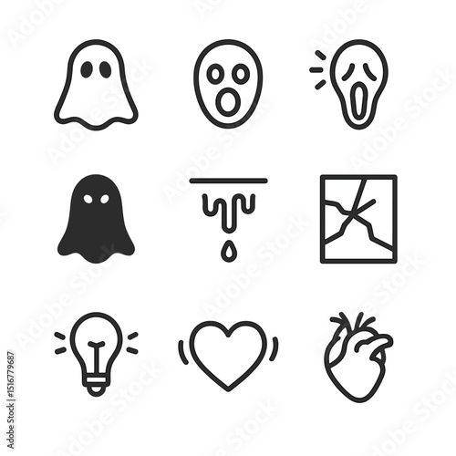 Horror Icon Set. Outline icon set of horror scare gasp: ghost silhouette, wide-eyed face, open mouth, scream lines, dark shadow,