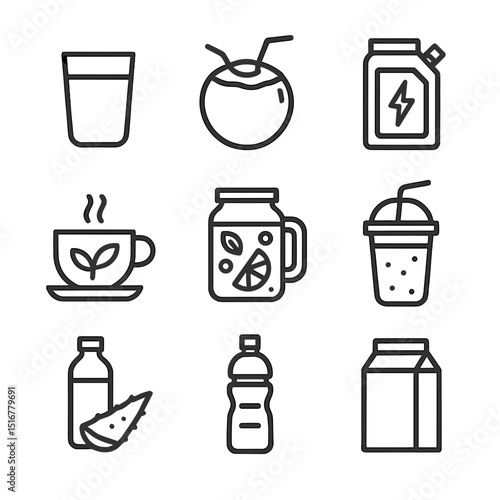 Hydrating Beverages Icons. Outline icon set of hydrating beverages: glass of water, coconut water, electrolyte drink pouch, herbal