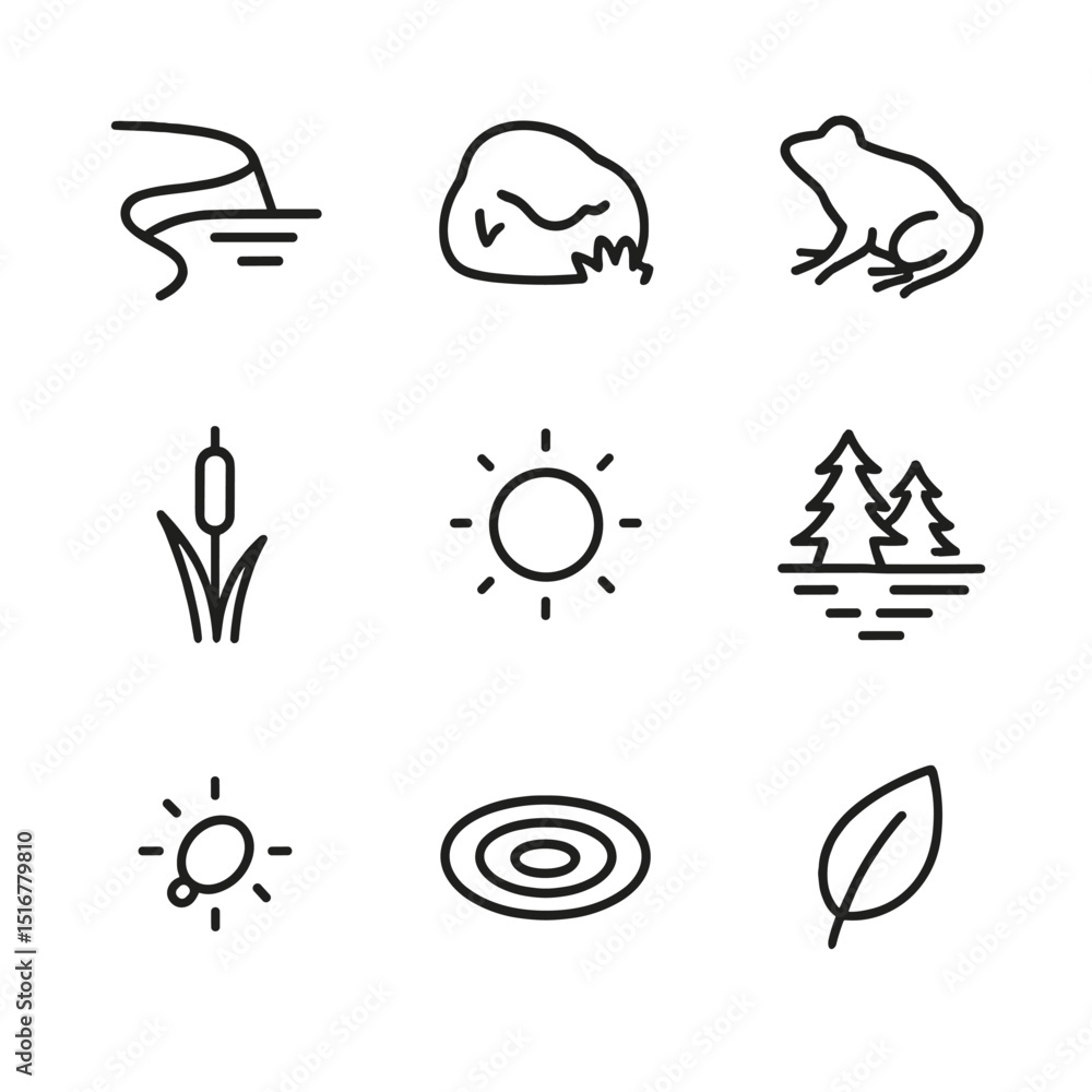 Fototapeta premium Moonlit Forest Icons. Outline icon set of forest pond under moonlight: pond edge, mossy rock, frog silhouette, cattail, moon halo,