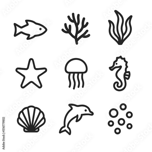 Marine Life Icon Set. Outline icon set of marine life diversity: fish silhouette, coral branch, seaweed frond, starfish, jellyfish