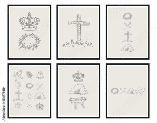  Christian Line Symbols Sketch Posters, Religion Hand Drawn Art, Biblical symbols doodle, Wall decor