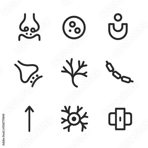 Neural Pathway Icons. Outline icon set of neural communication pathways: synapse gap, neurotransmitter vesicle, receptor site,