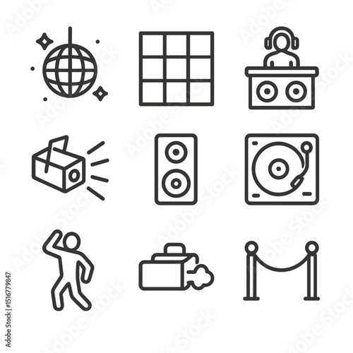 Nightclub Icon Essentials. Outline icon set of nightclub essentials: disco ball, dance floor, DJ booth, strobe light, speaker