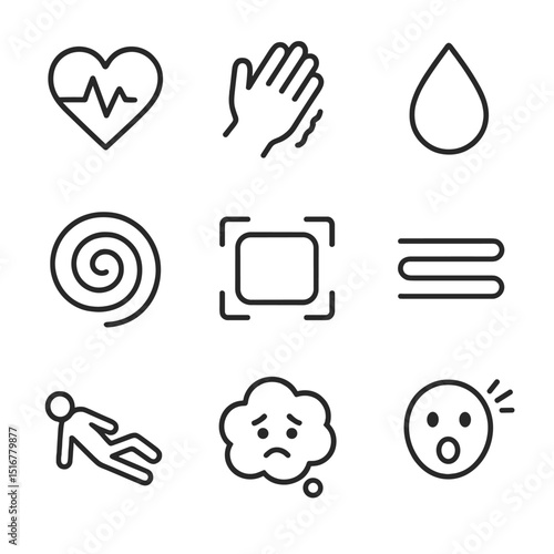Panic Attack Icons. Outline icon set of panic attack symptoms: racing heart, shaking hands, sweat droplet, dizziness swirl, tunnel