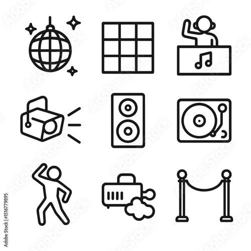 Nightclub Icon Essentials. Outline icon set of nightclub essentials: disco ball, dance floor, DJ booth, strobe light, speaker