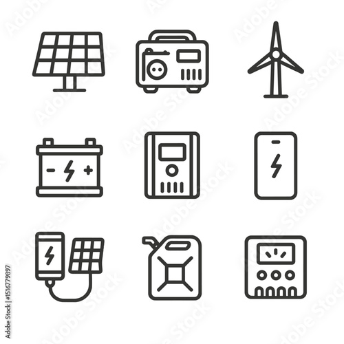 Off-Grid Power Icons. Outline icon set of off-grid power generation: solar panel, portable generator, wind turbine, battery pack,