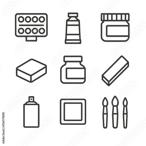 Painting Medium Icons. Outline icon set of painting mediums: watercolor palette, oil paint tube, acrylic jar, gouache pan, ink