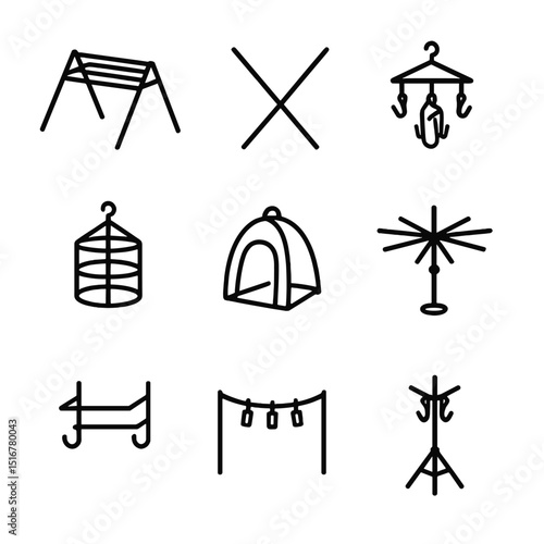 Portable Drying Rack Icons. Outline icon set of portable drying racks: foldable A-frame rack, collapsible X-rack, hanging clip