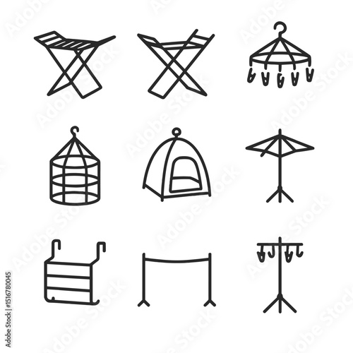 Portable Drying Rack Icons. Outline icon set of portable drying racks: foldable A-frame rack, collapsible X-rack, hanging clip