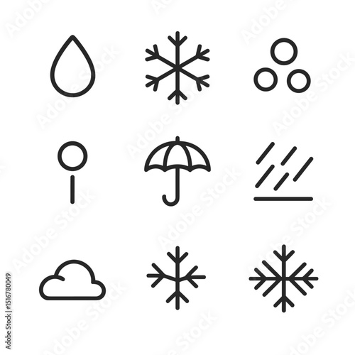 Precipitation Icon Set. Outline icon set of precipitation forms: rain droplet, snowflake, hailstone, sleet pellet, drizzle line,