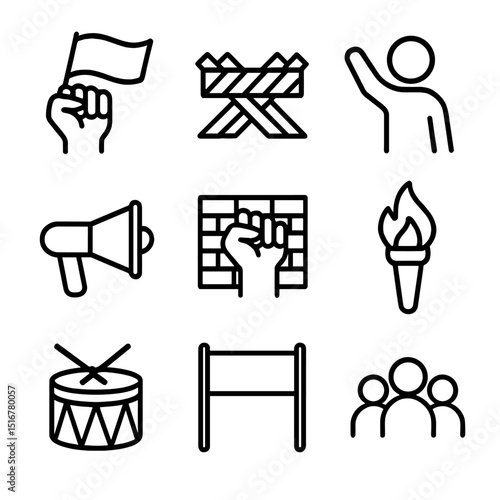 Revolution Icon Set. Outline icon set of revolution uprising flag hoist: clenched fist holding flag, barricade, protester