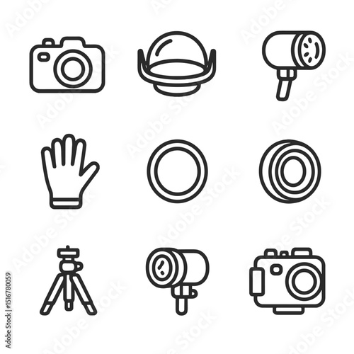 Reef Photography Icon Set. Outline icon set of reef photography elements: waterproof camera, dome port, strobe flash, tripod,
