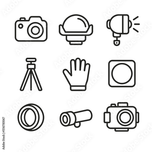 Reef Photography Icon Set. Outline icon set of reef photography elements: waterproof camera, dome port, strobe flash, tripod,