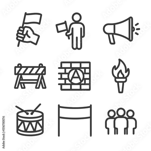 Revolution Icon Set. Outline icon set of revolution uprising flag hoist: clenched fist holding flag, barricade, protester