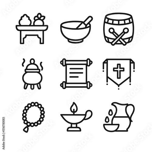 Ritual Ceremony Icons. Outline icon set of ritual ceremonies: offering table, prayer bowl, ceremonial drum, incense burner, ritual