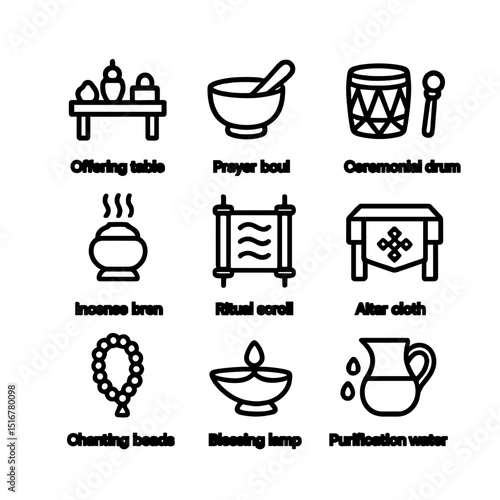 Ritual Ceremony Icons. Outline icon set of ritual ceremonies: offering table, prayer bowl, ceremonial drum, incense burner, ritual
