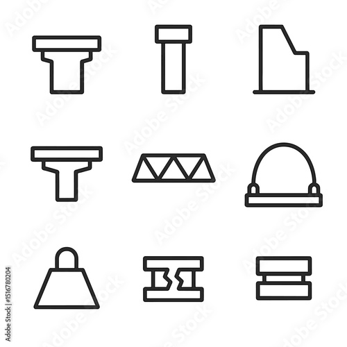 Structural Component Icons. Outline icon set of structural components: deck, pier, abutment, girder, truss, cable, anchor block,