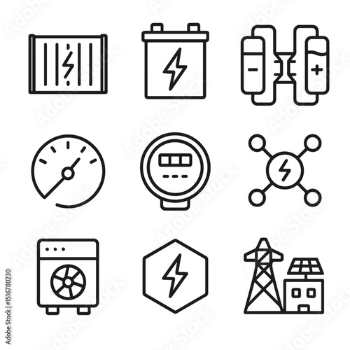 Smart Grid Icons. Outline icon set of smart grid and energy storage: battery storage container, grid-scale battery, flow battery