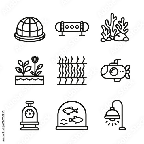 Underwater City Icons. Outline icon set of underwater utopian city: transparent dome, submarine tube, coral reef wall, aquatic