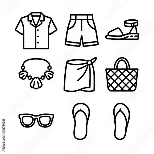 Tropical Beach Party Icons. Outline icon set of tropical beach party styles: linen shirt, high-waist shorts, espadrille sandal,