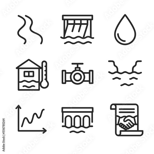 Transboundary Water Icons. Outline icon set of transboundary water sharing: river channel, dam gate, water droplet, gauge station,
