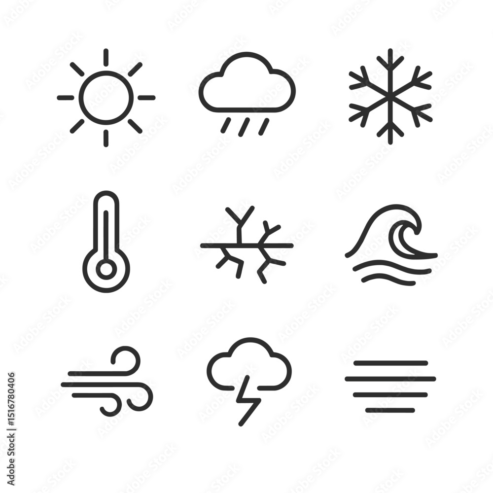 Weather Icon Grid. Outline icon set of weather streak patterns: sun icon, rain cloud, snowflake, thermometer, drought crack, wave Weather Icon Grid. Outline icon set of weather streak patterns: sun icon, rain cloud, snowflake, thermometer, drought crack, wave