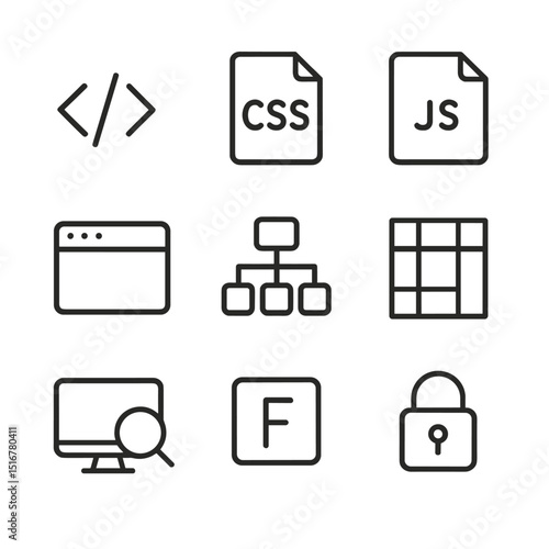 Web Development Icons. Outline icon set of web development elements: HTML tag, CSS stylesheet, JavaScript file, browser window,