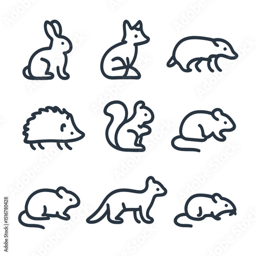 Woodland Creature Icons. Outline icon set of woodland burrow creatures: rabbit, fox, badger, hedgehog, squirrel, wood mouse, vole,