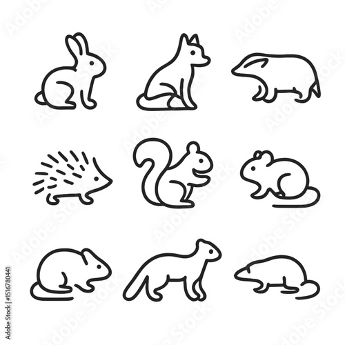 Woodland Creature Icons. Outline icon set of woodland burrow creatures: rabbit, fox, badger, hedgehog, squirrel, wood mouse, vole,