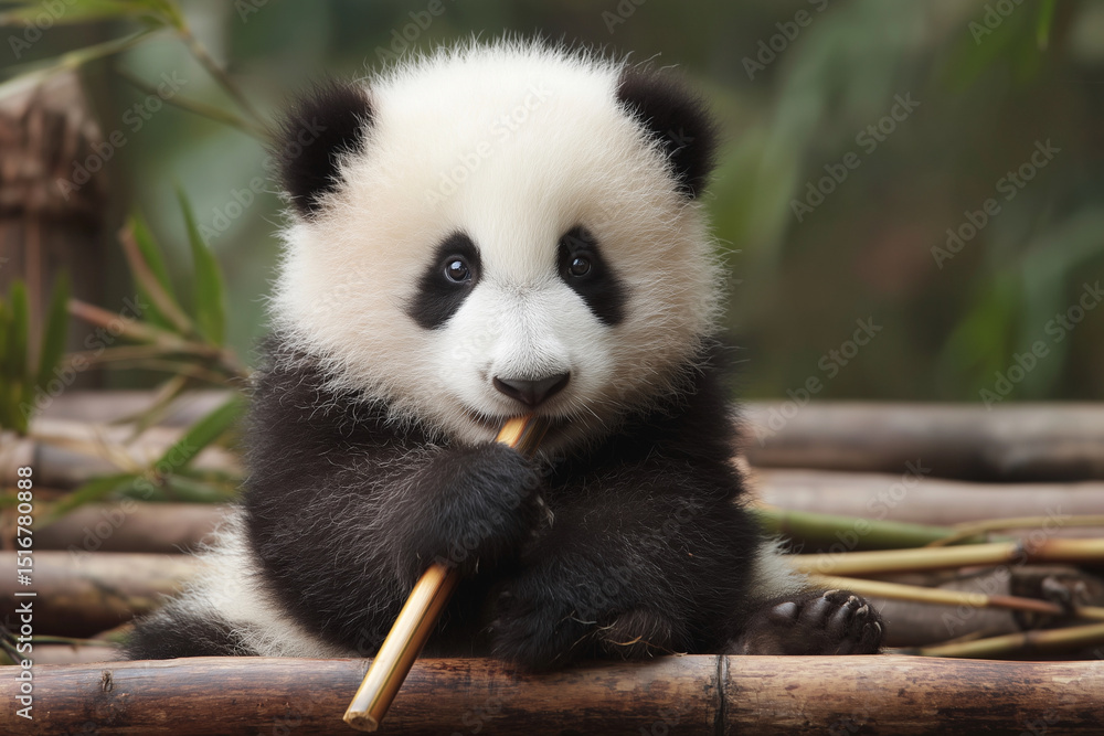 A baby panda is sitting on a log and eating bamboo. Concept of innocence and curiosity, as the baby panda is exploring its surroundings and enjoying its meal A baby panda is sitting on a log and eating bamboo. Concept of innocence and curiosity, as the baby panda is exploring its surroundings and enjoying its meal