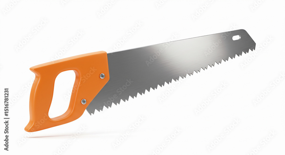 hand saw with orange handle and metal blade, isolated on white background