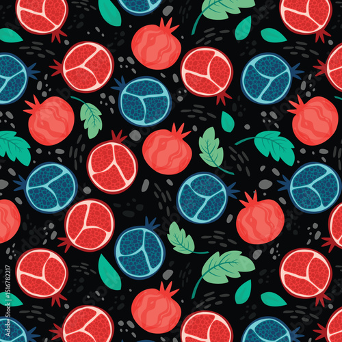 Pomegranate background. Fruit seamless pattern with whole fruit and seeds. Wallpaper art. Simple cute illustration in cartoon flat style. Vector design.