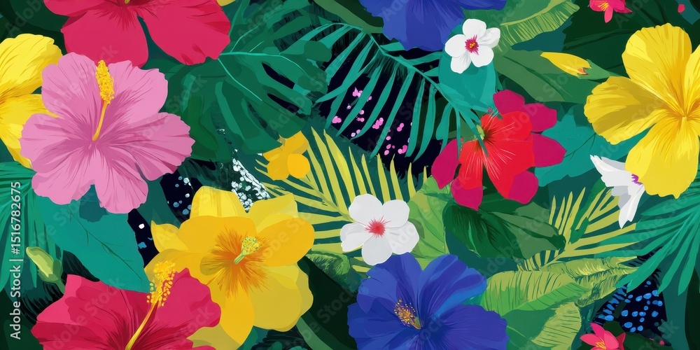 Fototapeta premium Vibrant Tropical Hibiscus Flowers Lush Green Leaves Summer Floral Design