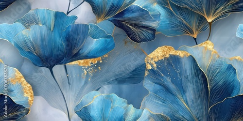 Fototapeta Naklejka Na Ścianę i Meble -  Elegant Blue and Gold Floral Design Abstract Art Print for Home Decor