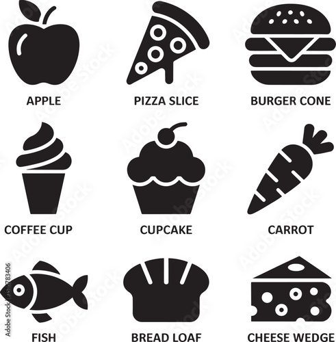 Black and White Food Icons Set Vector Illustration Delicious Apple Pizza Slice Burger Cone Coffee Cup Cupcake Carrot Fish Bread Loaf Cheese Wedge